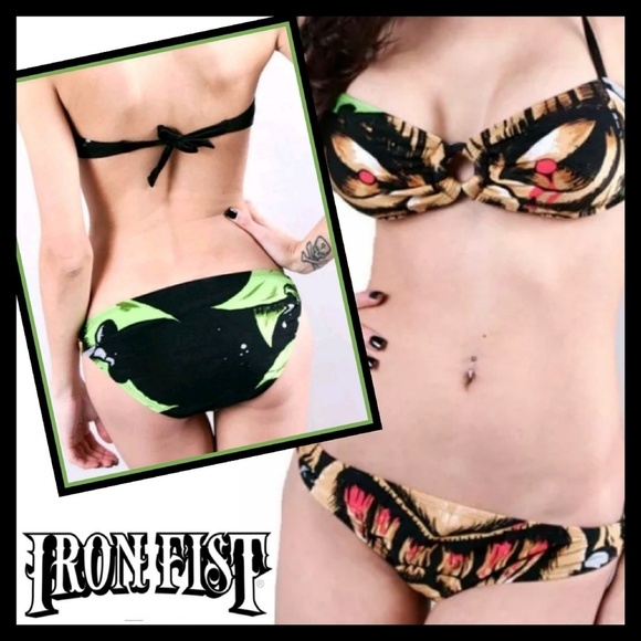 IRON FIST ✦ Tiki Totem Bikini ✦ Hawaiian Print Halter Top + Graphic Bottoms S - Picture 8 of 13